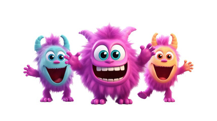 Monsters, 3D cute friendly monster beast standing and laughing together.