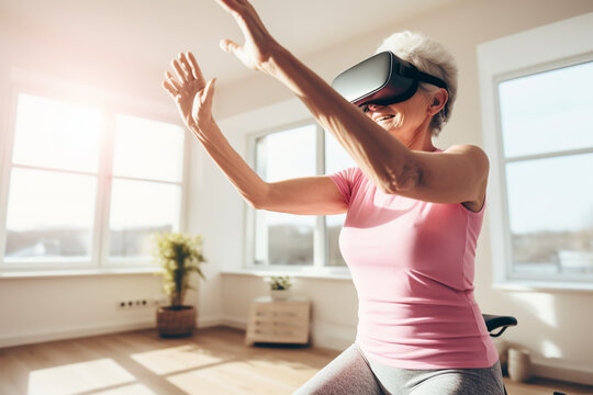 Senior Woman Doing Yoga Exercise With AR