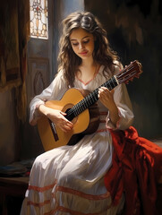 The Girl Plays The Guitar, a woman in a white dress playing a guitar.