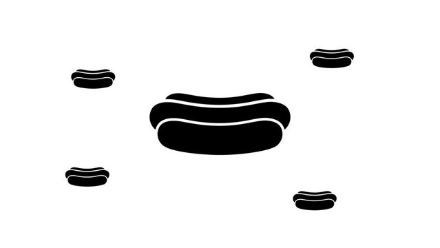 Zoom in and out animation the hotdog symbol. Large black symbol in the center and four small symbols around. Seamless looped 4k animation on white background