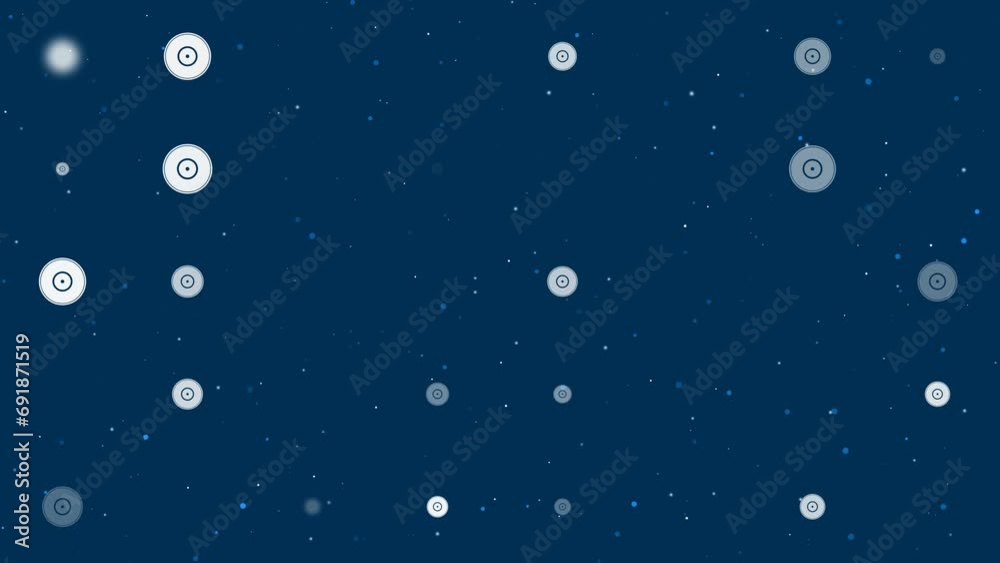 Poster template animation of evenly spaced gramophone record symbols of different sizes and opacity. animat