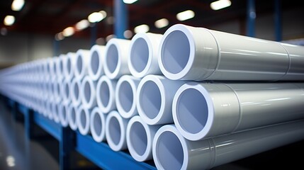 a pile of white pipes inside an industrial warehouse.