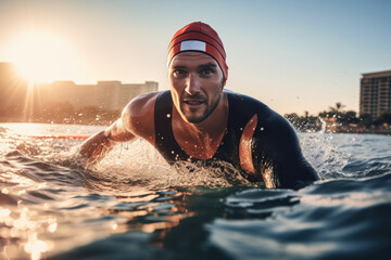 Focused man triathlete swimming in sunny day - obrazy, fototapety, plakaty