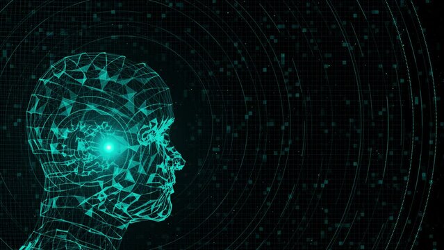 Digital Technology Human Mind Artificial Intelligence Person Face Fiction 3d Animation 4K Background. cyber mind Human computing, robot Big data, neural network machine learning system, deep fake