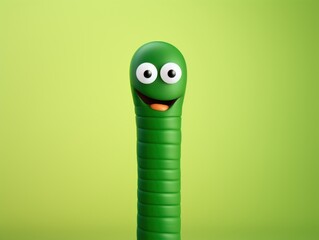 Fototapeta premium Portrait photorealistic funny cartoon Earthworm isolated on solid green background. Creative animal concept. Copy space.