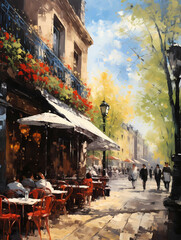 An Impressionist Oil Painting Depicting A Street Cafe, a street with tables and chairs and people...