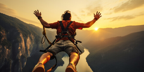 Adventurous person bungee jumping from a cliff during sunset, embracing freedom and excitement over a scenic river landscape