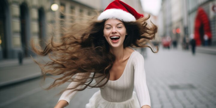 Portrait of a girl on a bicycle with a Santa hat on her head. A smiling woman rides a bicycle on the street.