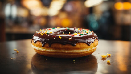 Sweet black donut, blurred background. generative AI - obrazy, fototapety, plakaty