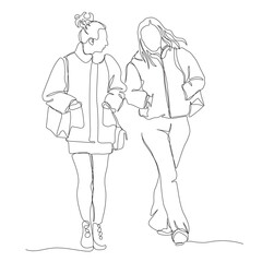 2 young women talking. Have their hands in pockets on cool weather day. Continuous line drawing. Black and white vector illustration in line art style.