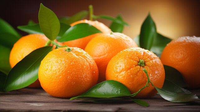 Ripe oranges with vibrant leaves arranged on a wooden table, showcasing fresh tangerines in close-up at a market stall.