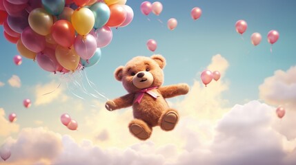A 3D teddy bear soaring gracefully with a trail of balloons behind.