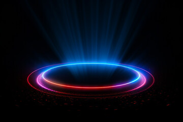Circular light with black background and red and blue light.
