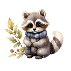 Fototapeta na wymiar cute raccoon wearing blue scarf watercolor illustration, winter animals
