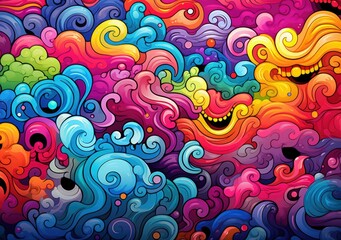 Colorful psychedelic art with many different designs. Generative AI.