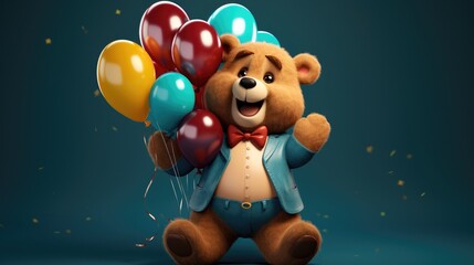 A chubby 3D teddy bear with a heartwarming smile, clutching helium balloons. - obrazy, fototapety, plakaty