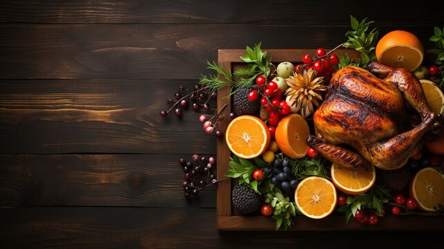 Thanksgiving dinner background with turkey and seasonal autumnal decor on wooden background, top view, copy space.