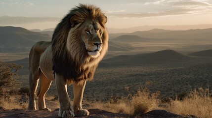 Male lion looking regal standing proudly on a small hill - obrazy, fototapety, plakaty