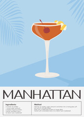 Manhattan Classic Cocktail garnished with maraschino cherry. Classic alcoholic beverage recipe wall art print. Summer aperitif poster. Minimalist alcoholic drink placard. Vector illustration.