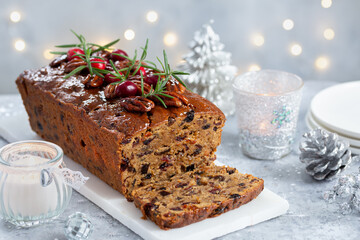 Fototapeta na wymiar Traditional homemade Christmas loaf fruit cake