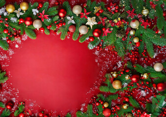Branches of the Christmas tree and decorative accessories on red background.