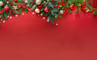Branches of the Christmas tree and decorative accessories on red background.
