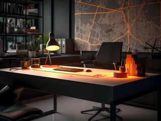 A Roadmap Office Desk Strategic, a desk with a lamp and a map on the wall.