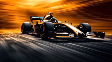 Fotobehang Racer in helmet driving racing car fast on competition. Blurred background. high speed. Concept of motor sport, racing, competition, speed, win, success, power © master1305