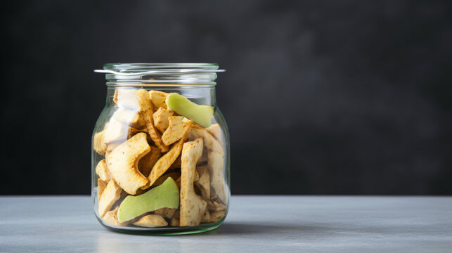 Organic soursop chips storage in glass jar on gray background