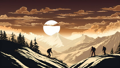 Silhouetted Skiers Mountain Climbing, a group of people hiking up a mountain. - obrazy, fototapety, plakaty