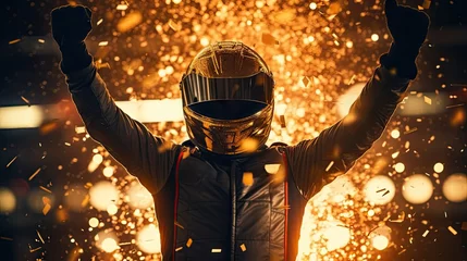 Tuinposter Racer in uniform and helmet celebrating winning race, raising hand upward over sparkling confetti background. Winner. Concept of motor sport, racing, competition, speed, win, success, power © master1305