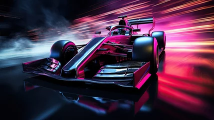 Foto op Canvas Fast racing car with racer driving along the street with blurred lights and neon. Evening race. Concept of motor sport, racing, competition, speed, win, success, power © master1305