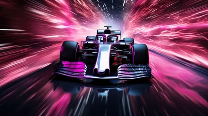 Foto op Canvas Fast racing car with racer driving along the street with blurred lights and neon. Evening race. Concept of motor sport, racing, competition, speed, win, success, power © master1305