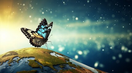butterfly on earth glob generated by AI tool - obrazy, fototapety, plakaty