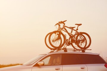 Car Roof Bicycle Mount for Adventurous Travel. Top roof bicycle mount. Concept of transporting a...