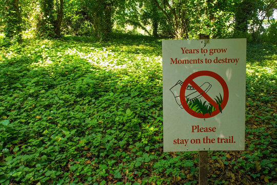 A sign asks visitors not to walk on the plants at Japod Islands, or Japodski Otoci, near Bihac in the Una National Park. Una-Sana Canton, Federation of Bosnia and Herzegovina
