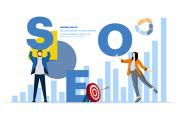 SEO analysis concept. top ranking. The SEO optimization graph is rising and the big arrow is pointing upwards. performance marketing, analytics and search engine rankings. Vector illustration.