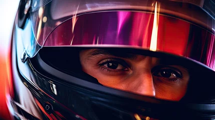 Keuken spatwand met foto Close-up of man in helmet, concentrated and motivated racer over blurred background. Winner, champion. Concept of motor sport, racing, competition, speed, win, success, power © master1305