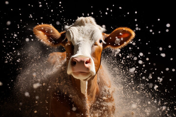 cow in snowing winter