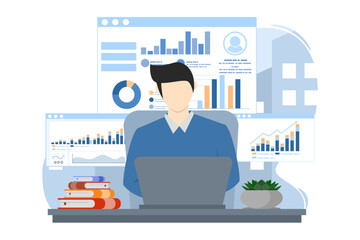 the concept of Statistics and Data Analysis. business financial investment. businessman doing analysis on monitor graph dashboard, financial analysis and analysis, business analysis, data visualizatio