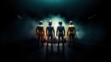 Men in leather costumes and helmet, racers standing in a line over dark background with smoke. Champions, winners. Concept of motor sport, racing, competition, speed, win, success, power - obrazy, fototapety, plakaty