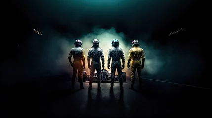 Poster Men in leather costumes and helmet, racers standing in a line over dark background with smoke. Champions, winners. Concept of motor sport, racing, competition, speed, win, success, power © master1305