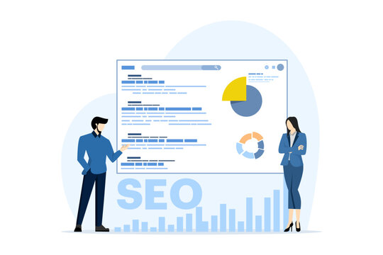 SEO analysis concept. top ranking. The SEO optimization graph is rising and the big arrow is pointing upwards. performance marketing, analytics and search engine rankings. Vector illustration.