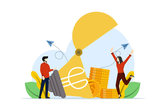 concept of creative ideas and financial investment. Business people collect money and put it into light bulbs, success, investment, deposit, business idea, business planning. flat vector illustration.