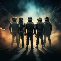Gordijnen Men in leather costumes and helmet, racers standing in a line over dark background with smoke. Champions, winners. Concept of motor sport, racing, competition, speed, win, success, power © master1305