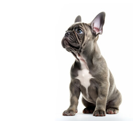 Portrait of french bulldog puppy looking up on white background with copy space