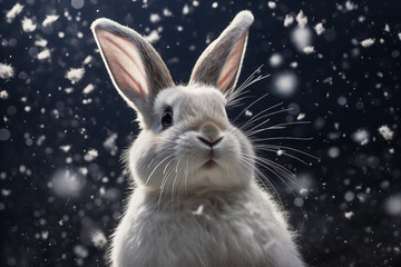 rabbit in snow, snowing, winter