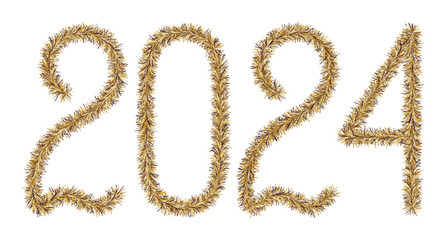 Tinsel. 2024. Lettering from a festive Christmas decoration. Fluffy numbers. Dark gold color. Vector illustration. Isolated background. Cute plush message. The coming year. Rustling lettering. 