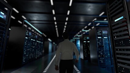operational efficiency. IT Administrator Activating Modern Data Center Server with Hologram.