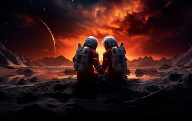 A couple of astronauts sit on the moon with their heads on each other. Astronaut, Space, Love, couple, astronauts ,moon ,mars concept